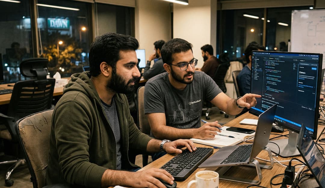 Engineers pair-programming at a workstation, collaborating on code